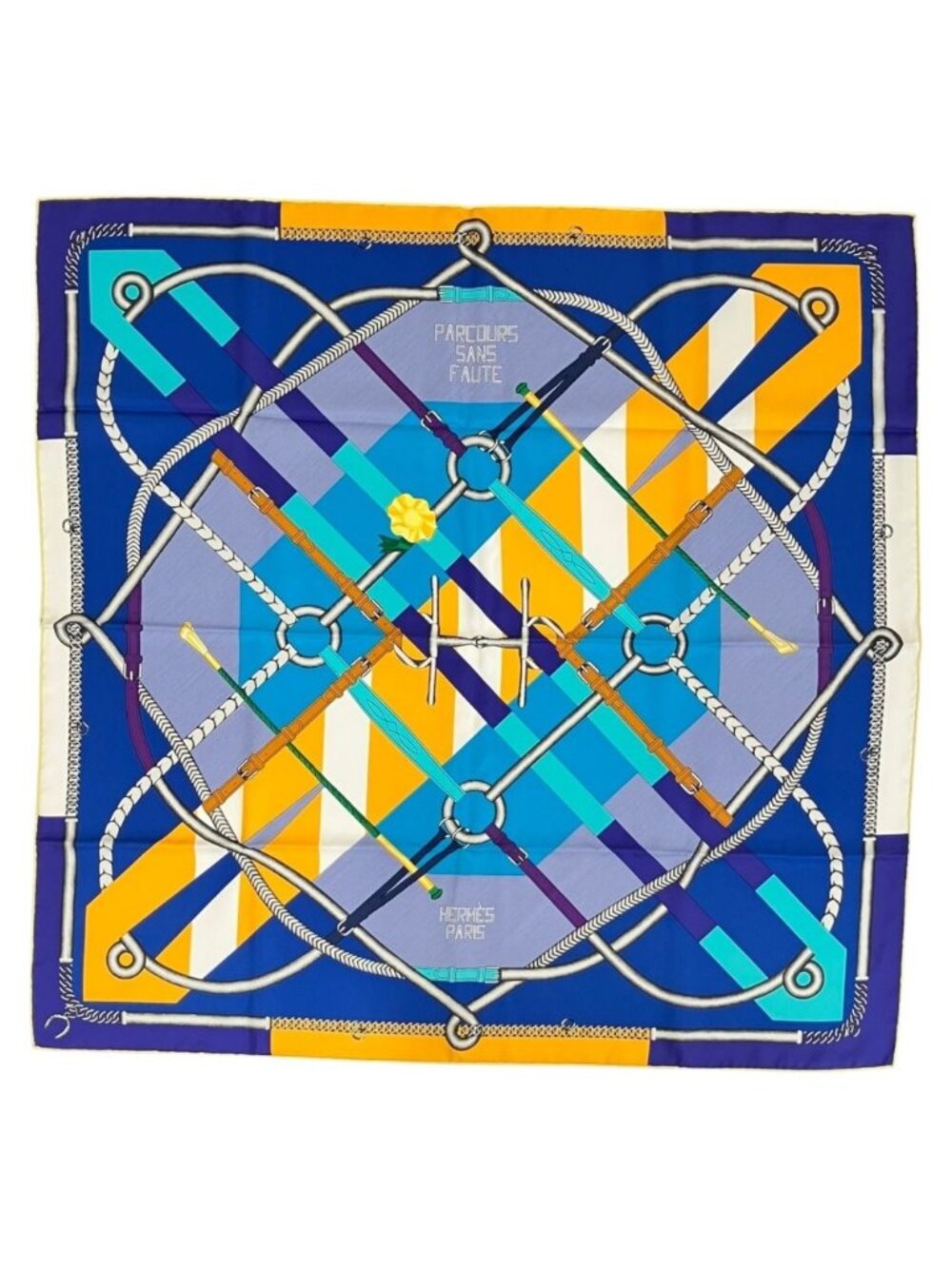 Hermes Parcours Sans Faute Carre 90 Silk Scarf Blue